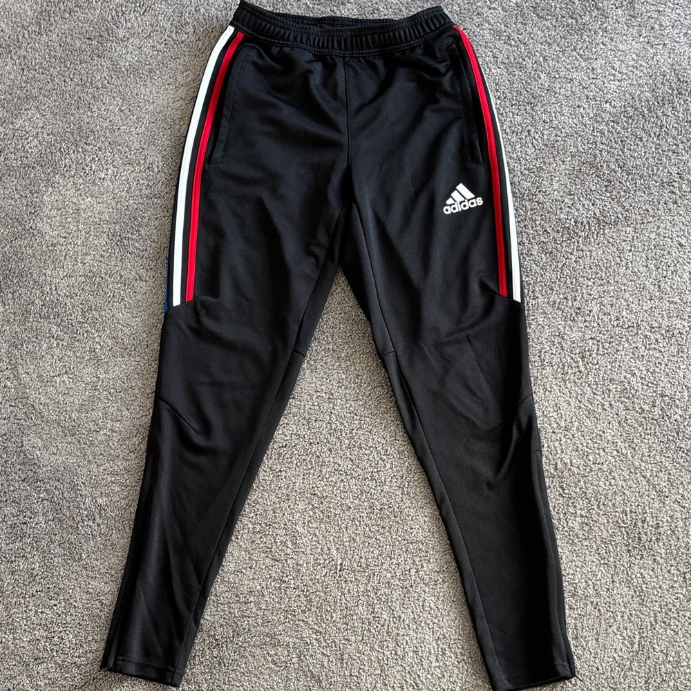 Adidas Mens Black Joggers with Red, White and Blue Stripes